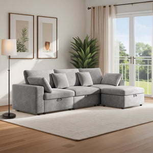 English Elm 118" Velvet L Shaped Sectional with Storage Ottoman and Deep Cloud Cushions W3716S00014