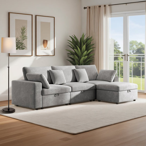 English Elm 118" Velvet L Shaped Sectional with Storage Ottoman and Deep Cloud Cushions W3716S00014