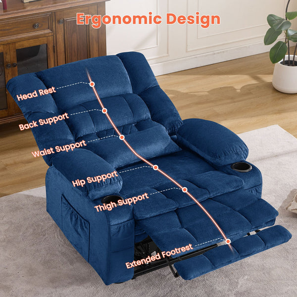 English Elm Dual Motor Large Power Lift Recliner Chair with Waist Kneading & Heat, Extended Footrest, USB Ports Blue W1521S00073