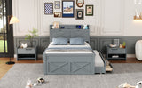 English Elm Full Size Wooden Bed With Storage Headboard With Outlets, Extendable Bed With Twin Size Trundle With Three Storage Drawers,Gray