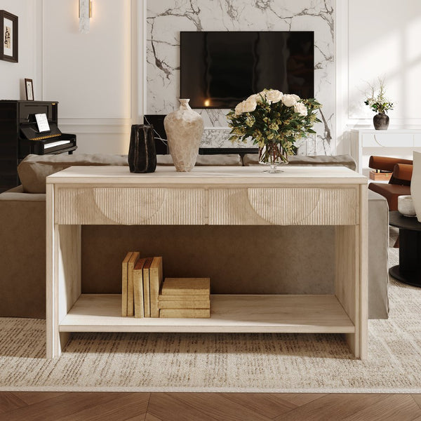 English Elm Farmhouse Distressed Console Table 55" Rustic Solid Wood Sofa Table with Carved Drawers & Shelf White T3833P366467