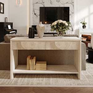 English Elm Farmhouse Solid Wood Console Table with Carved Drawers, Tiered Shelf & Anti-Tip Stability (57.8") White T3833P366467