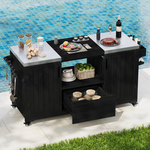 English Elm K&K 66.5" Outdoor Kitchen Island with 1.2" Stainless Steel Top, Ample Storage, Wheels & Bottle Opener Black N707P250629B