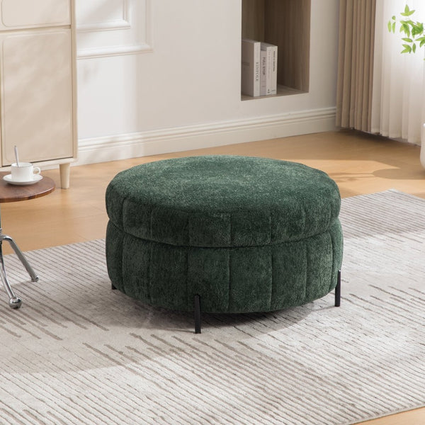 English Elm 31.3"w Chenille Channel Tufted Round Storage Ottoman Sculptural Pumpkin Seat for Any Room Green W3118P439478