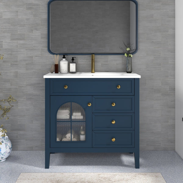 English Elm 35.6" Freestanding Bathroom Vanity with Roman Column Base and Ceramic Integrated Sink Blue W1801S00012