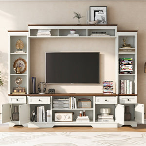 English Elm U-can Farmhouse Wall Unit with Barn Doors Built-in Power Outlets and Open Shelving White+Walnut SJ000154AAK