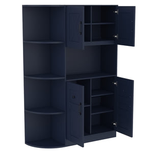 English Elm Multifunctional Modular Hall Tree Cabinet with Open Shelves and Hooks for Entryway Antique Blue W1580S00520