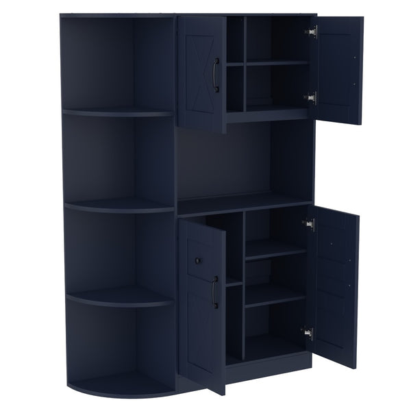 English Elm Multifunctional Modular Hall Tree Cabinet with Open Shelves and Hooks for Entryway Antique Blue W1580S00520