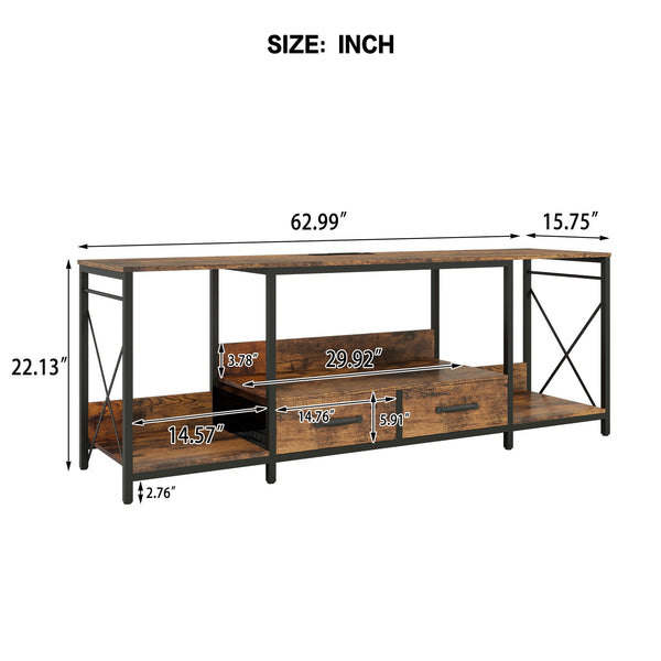 English Elm There TV Stand with LED Lights, Power Outlets & 2 Fabric Drawers for 55-75" TVs, App-Controlled Ambience and Ample Storage Light Brown Multi W2977P224347