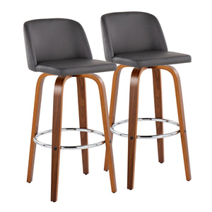 English Elm Toriano Mid-Century 30" Fixed-Height Swivel Barstool with Walnut Legs, Faux Leather Comfort Pair Grey B202S00707