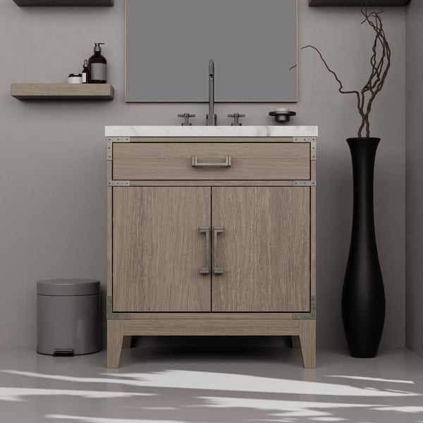 English Elm Grey Oak Single Bath Vanity With Carrara Marble Top & Mirror - 30" W Stylish Storage Solution B2731S01456