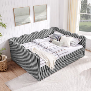 English Elm Queen Gingham Linen Daybed with Wave Backrest Two Storage Drawers and Usb Port Black W1413S00153