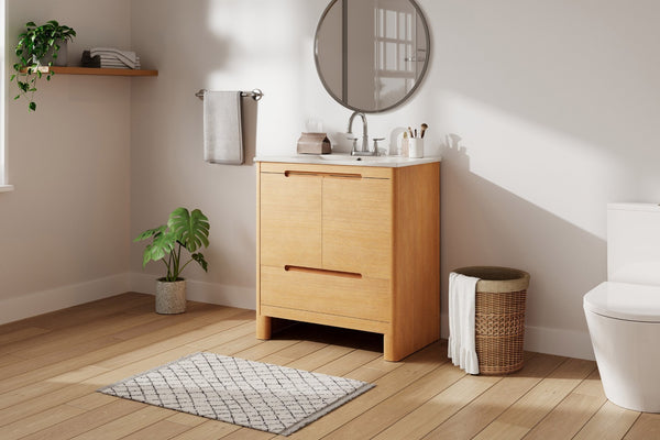 English Elm [video] 30 Inch Freestanding Bathroom Vanity Pine Legs Ceramic Sink Soft Close Storage Oak N759P412928O