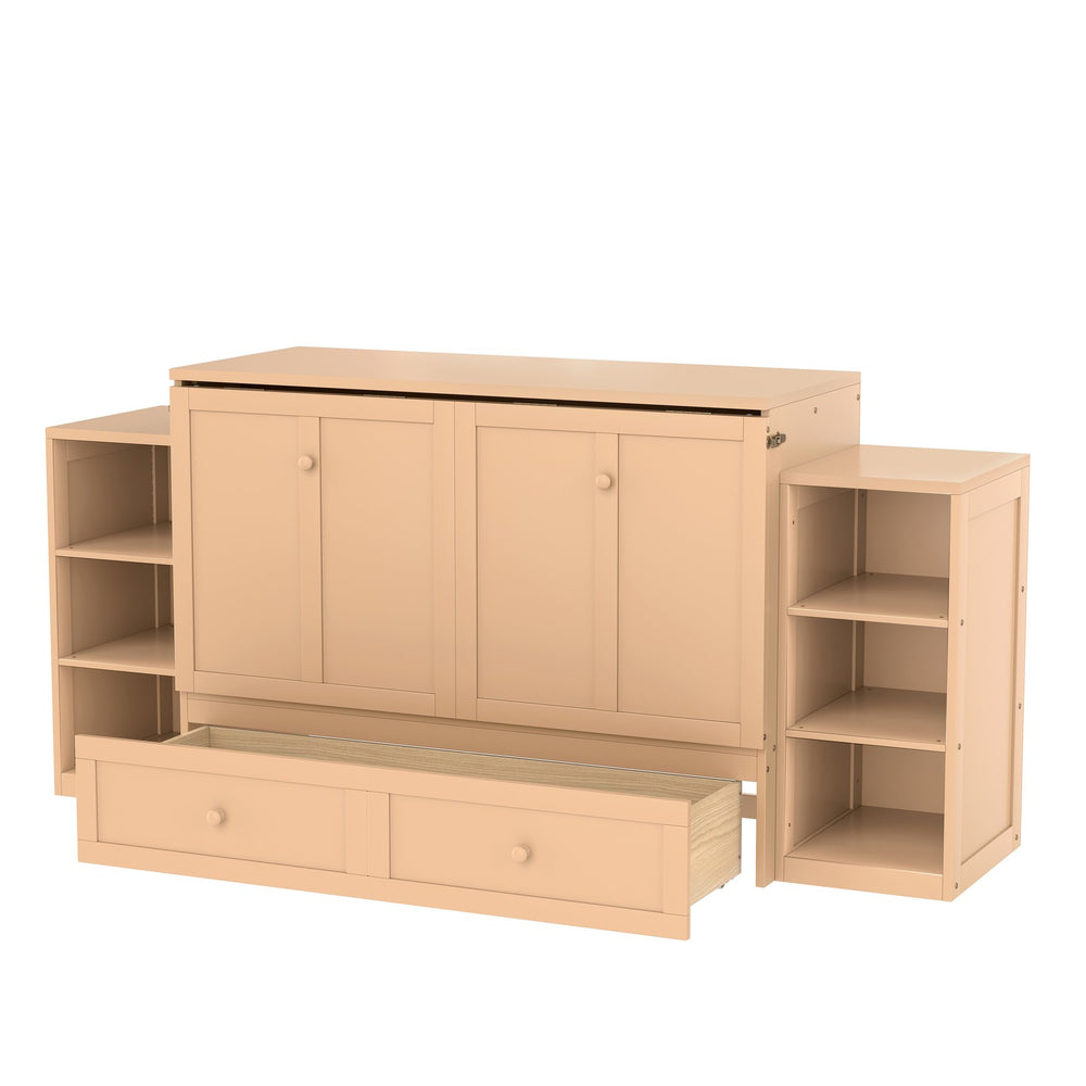 English Elm Full Golden Murphy Bed with Storage Drawers & Shelves, Space-Saving Wall Cabinet for Guests W1580S00254