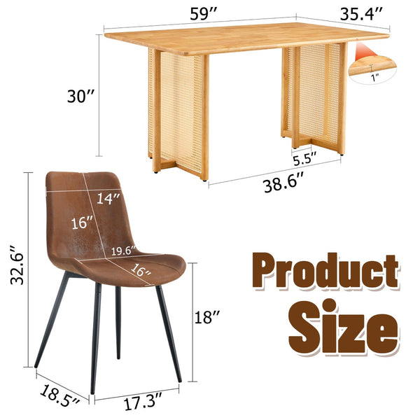 English Elm Table and Chair Set Rubberwood Dining with Rattan Legs Six Cushioned Fabric Seats W1151S03054