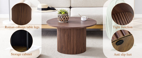 English Elm A modern circular coffee table Walnut 27.5" MDF top with cylindrical Roman legs, hidden storage, vintage flair W1151P270614