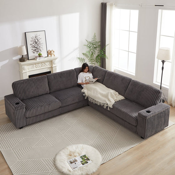 English Elm 110-Inch Oversized Corduroy Corner Sofa with Storage, USB & Cup Holders, Deep Plush Seating Comfort DARK GREY W834S00285