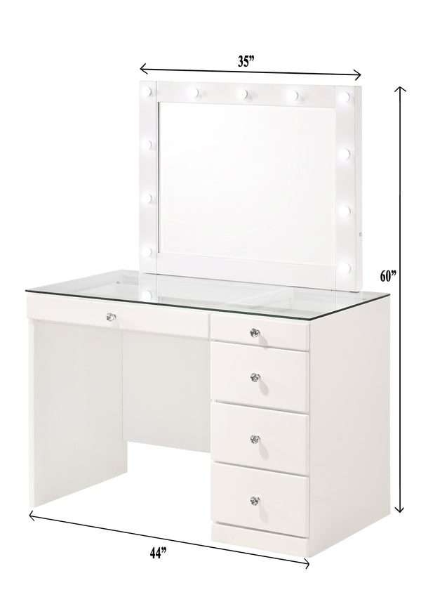English Elm 3pc Sleek Makeup Vanity Set with Lighted Mirror, Glass Top, 5 Storage Drawers & Swivel Stool White 46.97 L x 25.87 W x 2 H B2741S00138