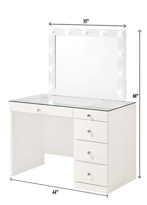 English Elm 2pc Vanity Set with LED Lighted Mirror Glass Top, 5 Drawers with Crystal Knobs and Stool White 46.97 L x 25.87 W x 2 H B2741S00140