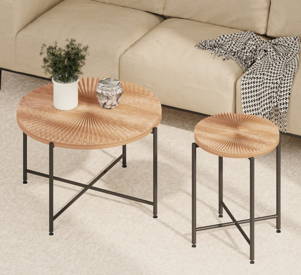English Elm Radial Distressed 2-Piece Coffee and End Table Set with Waterproof MDF Top and Black Metal Legs Natural Wood+Brown B2735P269981