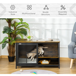 English Elm PawHut Stylish Cat Kennel End Table with Sliding Doors, Steel & Wood Look Pet House with Cushion Brown W2225P173765