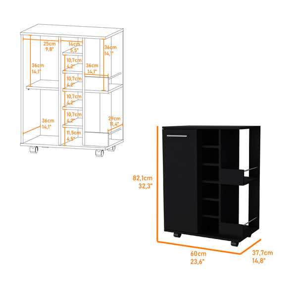 English Elm Tennessee Mobile Bar Cart with Cabinet, Six Bottle Cubbies, Top Rail Prep Area & Locking Wheels Black 33 L x 18 W x 7 H B128P176142