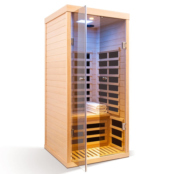 English Elm Low Emf Hemlock Infrared Sauna with Double Tempered Glass Doors and App Control W632S00021