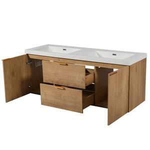 English Elm [video]59.3 Inch Wall Mounted Double Sink Vanity Wood Grain Mdf Soft Close Storage N729P000027N