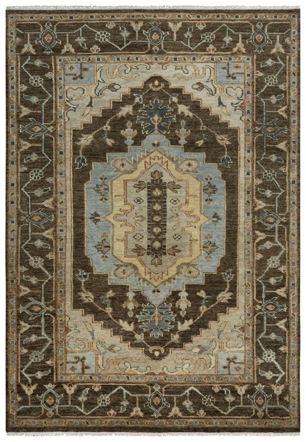 Alora Decor Abby Hand-Knotted New Zealand Wool Rug — Traditional Dark Brown Field With Light Blue Accents, Fringe 10' x 14' 01601610400221014