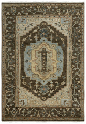 Alora Decor Abby Hand-Knotted New Zealand Wool Rug — Traditional Dark Brown Field With Light Blue Accents, Fringe 10' x 14' 01601610400221014
