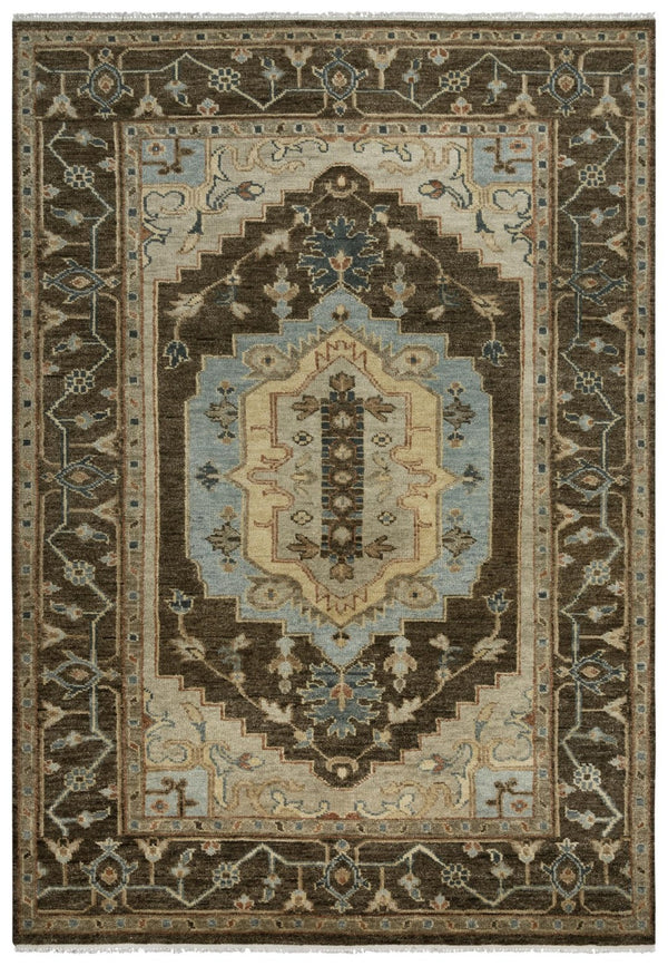 Alora Decor Abby Hand-Knotted New Zealand Wool Rug — Traditional Dark Brown Field With Light Blue Accents, Fringe 10' x 14' 01601610400221014