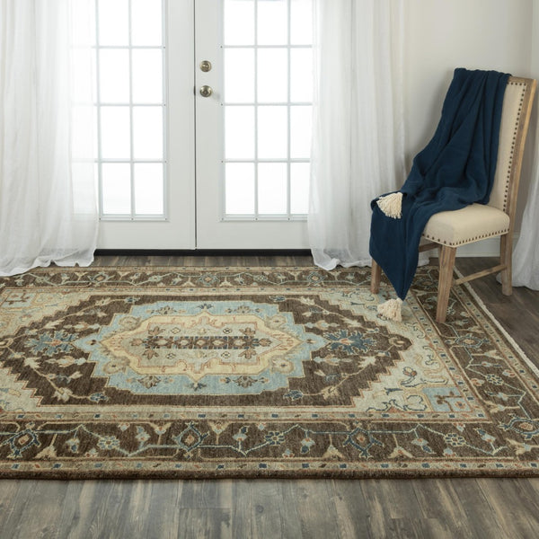 Alora Decor Abby Hand-Knotted New Zealand Wool Rug — Traditional Dark Brown Field With Light Blue Accents, Fringe 10' x 14' 01601610400221014