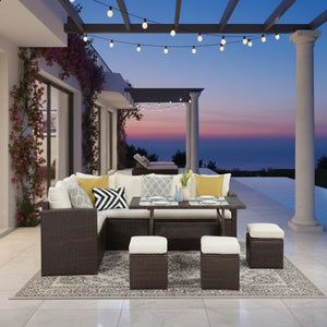 English Elm 7 Piece Outdoor Wicker Dining Set Modular Sectional Sofa Ottomans and Patio Table Ivory B082S00075
