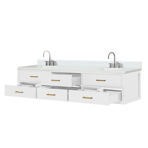 English Elm White Double Bath Vanity 84 in W x 22 in D with White Quartz Top, Chrome Gooseneck Faucets, Soft-Close Storage Bundle B2731P258169