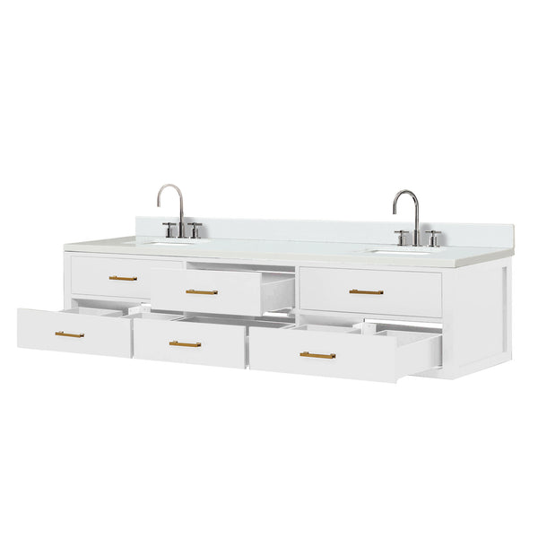 English Elm White Double Bath Vanity 84 in W x 22 in D with White Quartz Top, Chrome Gooseneck Faucets, Soft-Close Storage Bundle B2731P258169