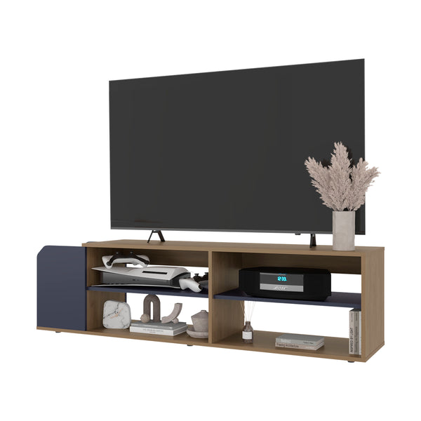 English Elm Modern TV Stand Navy Blue & Natural Oak 59" Entertainment Console with Open Shelves, Scratch-Resistant Finish B128P387084