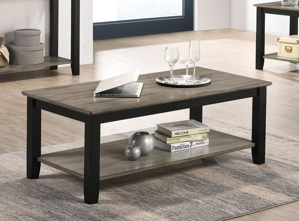 English Elm Coffee Contemporary Rectangular Coffee Table with Open Lower Shelf Dark Brown and Grey Finish, Sleek Storage Surface for Living Room Decor and Display SR016384