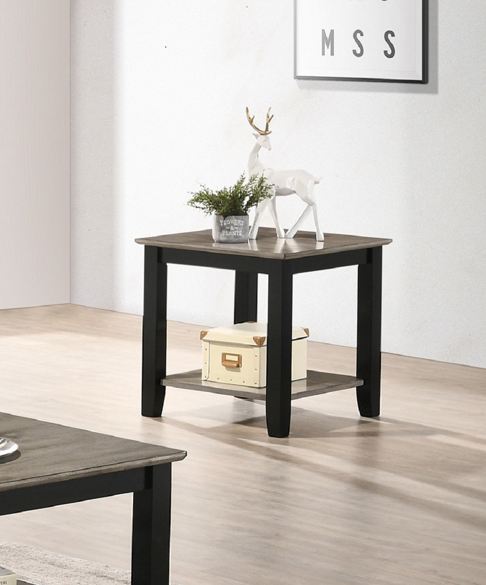 English Elm End Table Contemporary Square Dark Brown & Grey with Lower Open Shelf, Minimalist Urban Storage Accent SR016385