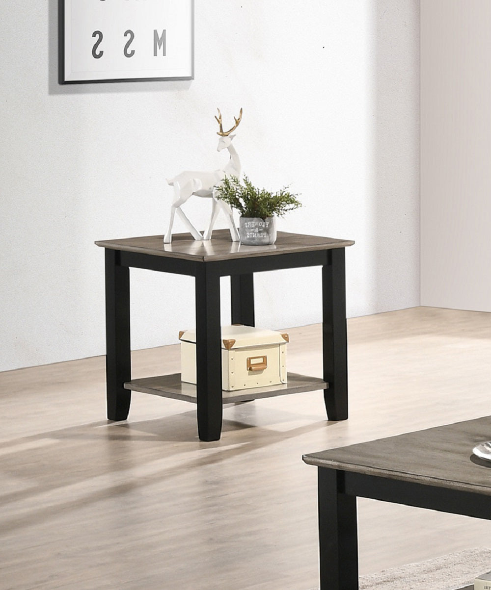 English Elm End Table Contemporary Square Dark Brown & Grey with Lower Open Shelf, Minimalist Urban Storage Accent SR016385