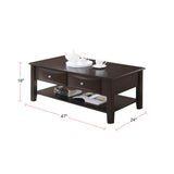 Brown Coffee Table with Two Drawers, Open Shelf, Metal Pulls | 47x24x18 | 50 lb Capacity