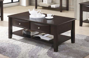 English Elm Coffee Brown Two-Drawer Coffee Table with Lower Shelf, Spacious Rectangular Top for Decor & Storage (96) SR016387
