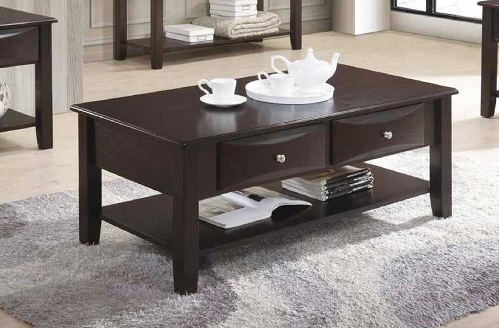 English Elm Coffee Brown Two-Drawer Coffee Table with Lower Shelf, Spacious Rectangular Top for Decor & Storage (96) SR016387