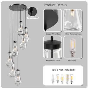 English Elm 7 Modern Raindrop Chandelier with 7 Glass Shades, Adjustable Height Semi-Flush Mount for Dining Room Black W2312P389956