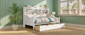 English Elm Twin Daybed Retro Wood Frame with Under Bed Drawers and Headboard Shelving White N733S415358K