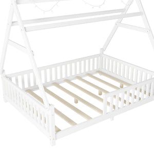 English Elm Full House Kids House Bed with Roof & Fence, Low Floor Solid Pine Frame, Stylish Nightlight Ready White 80.91 L x 15.55 W x 6.5 H W2593P296919