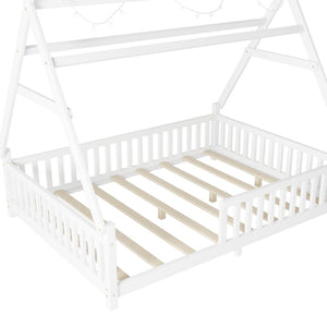 English Elm Twin Montessori Floor Bed House Frame with Led Lighting and Safety Rails for Kids White W2593P440589