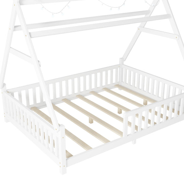English Elm Twin Montessori Floor Bed House Frame with Led Lighting and Safety Rails for Kids White W2593P440589