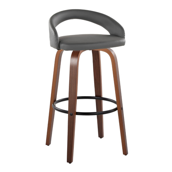 English Elm Fixed-height Swivel Barstools Walnut Bentwood Legs Grey Faux Leather Seat Set of 2 B202S01858