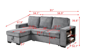 English Elm Modern Pull Out Sofa Bed with Storage Chaise, Convertible L-Shaped Sectional with USB Port and Cup Holder for Living Room — Comfortable Sleeper for Guests Dark Gray W1417S00115