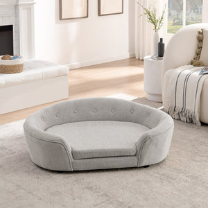 English Elm Oversized Oval Dog Sofa with Tufted Linen Backrest for Large Breed Lounging Comfort Beige W487P415300